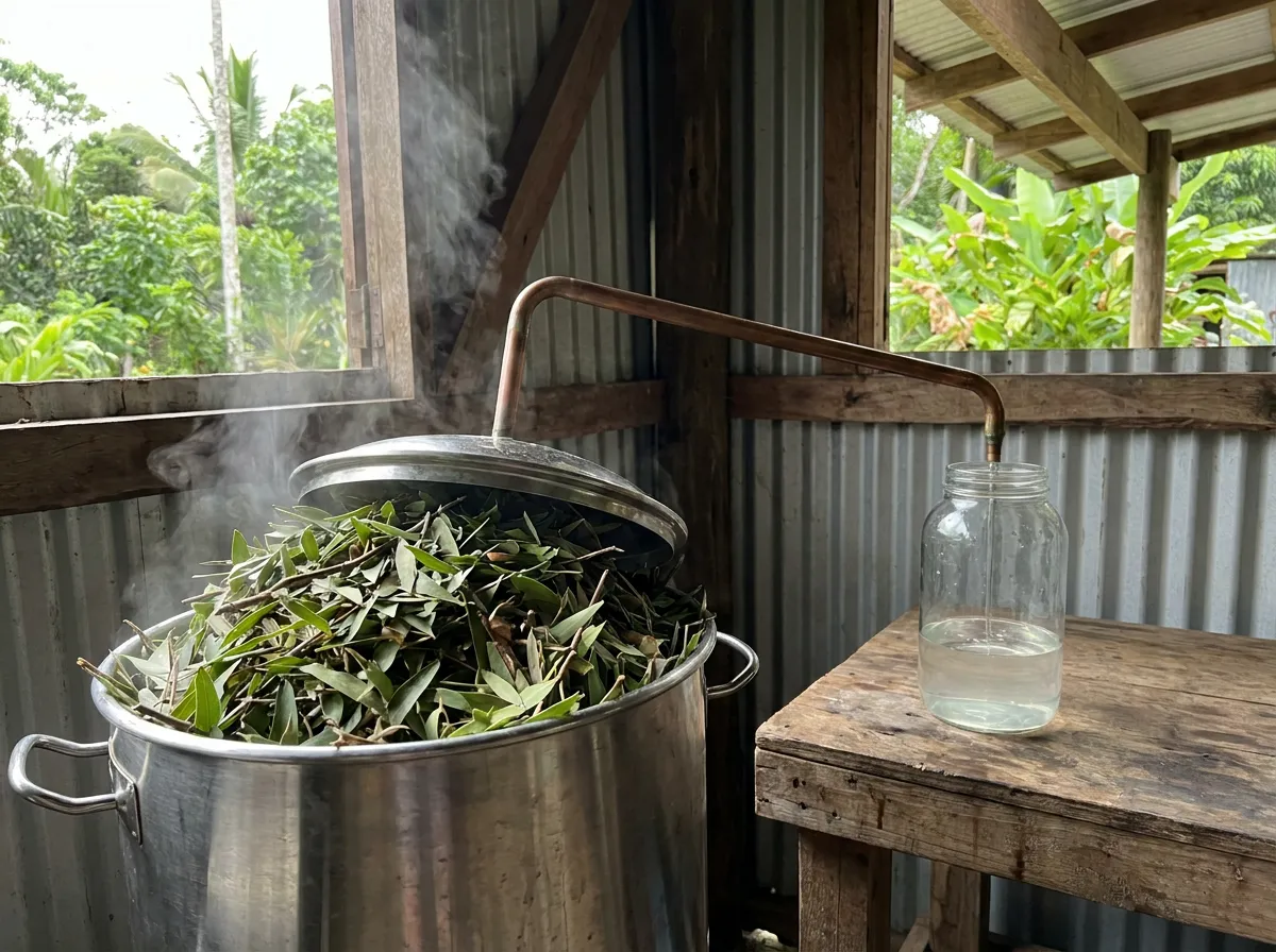 Cut cajeput leaf and twig loaded into a still with steam rising